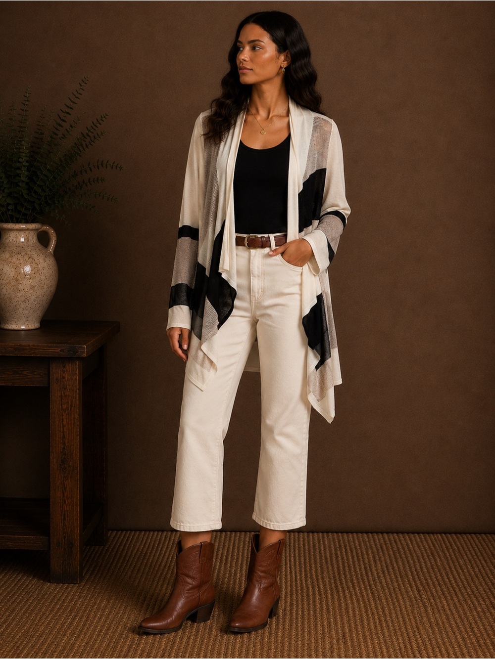 INC International Concepts Cream and Black Open-Front Draped Cardigan